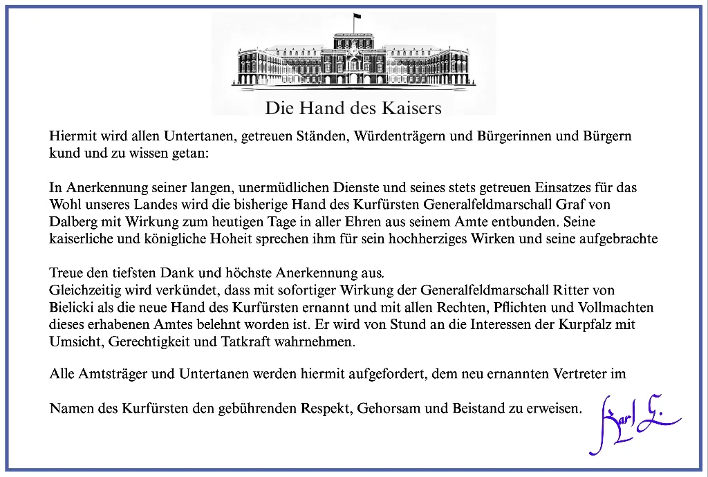 Die Hand des Kaisers – Ernennung einer neuen Hand des Kurfürsten