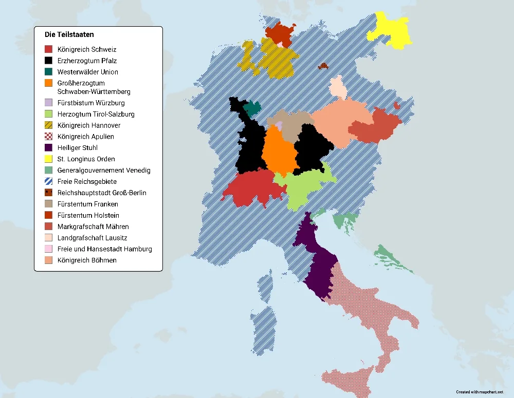 Karte des Hoheitsgebiets des Imperium Germanicum in Mittel- und Südeuropa mit farbig markierten Teilstaaten