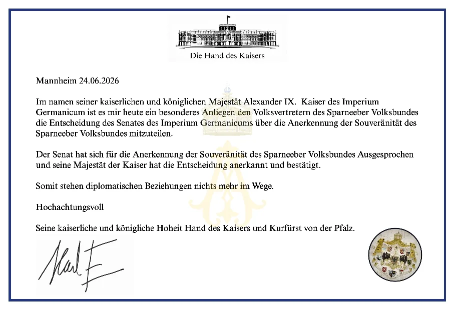 Die Hand des Kaisers – Anerkennung der Souveränität des Sparneeber Volksbundes
