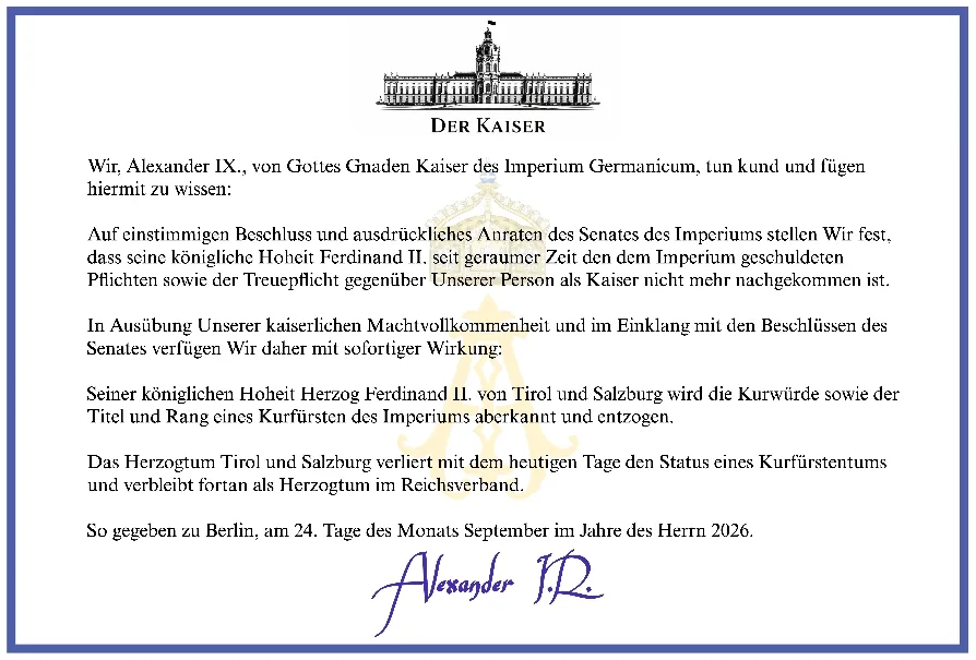 Der Kaiser – Aberkennung der Kurwürde des Herzogtums Tirol und Salzburg